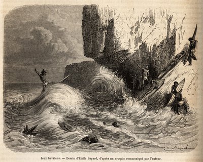 Hawaiian Games, ved afgrunden af Mokapuu, på øen Oahu, distraherede indbyggerne sig selv ved at øve deres yndlingsspil: surfing, gravering efter Emile Bayards tegning, illustrerer rejsen til Sandwichøerne, i 1855-1869, af af Emile Antoine Bayard