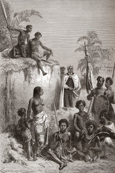 Den hawaiianske kong Kamehameha I og hans krigere, illustration fra "The World in the Hands", udgivet i 1878 (stik) af Emile Antoine Bayard