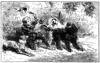 Illustration af Emile Bayard til Hector Malots roman "" Sans Famille "": Remi leger med sine venner, de lærde dyr fra monsieur Vitalis trup, rejsende kunstner - Joli-Coeur (skønt hjerte), aben og de tre hunde Capi, Zerbino og Dol af Emile Antoine Bayard