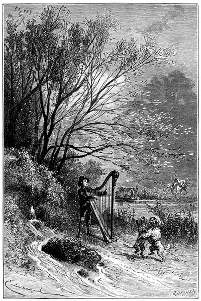 Illustration af Emile Bayard til Hector Malots roman "" Sans Famille ": Remi synger med harpen, mens hans venner danser, de lærde dyr fra monsieur Vitalis