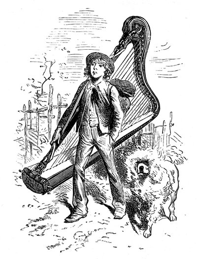 Illustration af Emile Bayard til Hector Malots roman "" Sans Famille ": Remi med sin ven hunden Capi og hans harpe - Edition Hetzel 1880 - af Emile Antoine Bayard