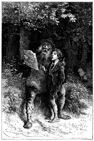 Illustration af Emile Bayard til romanen af Hector Malot "" Sans Famille ": Remi synger med Monsieur Vitalis, rejsende kunstner - gademusiker, saltimbank - Edition Hetzel 1880 - af Emile Antoine Bayard