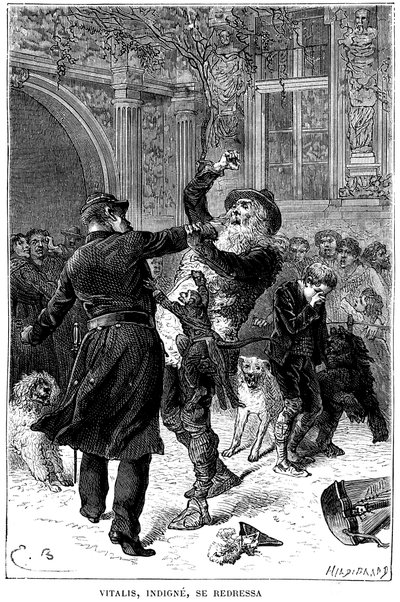 Illustration af Emile Bayard til Hector Malots roman "" Sans Famille ": i Toulouse bliver Monsieur Vitalis, uværdig, arresteret af en politibetjent foran Remi og hans venner, truppens lærde dyr: Joli-Coeur (skønt hjerte). ), aben en af Emile Antoine Bayard