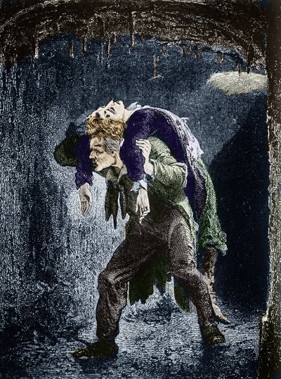 Jean Valjean, Marius såret på ryggen, på flugt i Paris