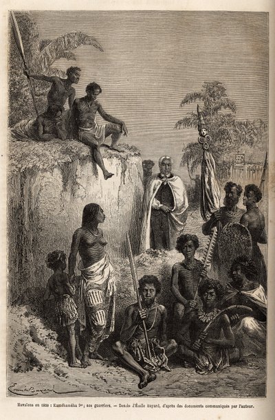Kamehameha I (ca. 1758-1819), konge af Hawaiiøerne og grundlægger af deres enhed, omgivet af Hawaiikrigere og nogle undersåtter i Honolulu, stik efter tegning af Emile Bayard, der illustrerer rejsen til Sandwichøerne i 1855-69, af C af Emile Antoine Bayard