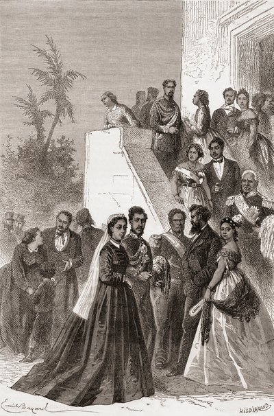 Kamehameha V, i midten, med sin familie, illustration fra 