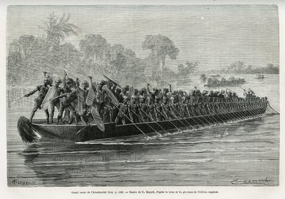 Stor kano af Arouhouimi, lastet med 40 stående padlere og tyve krigere i våben, på Livingstone-floden (Congo), tegnet af Emile Bayard, for at illustrere historien "Gennem det mystiske kontinent", rejse foretaget mellem 1874-1877, af Sir H.M. af Emile Antoine Bayard