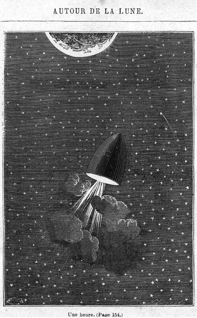 På vej til månen, illustration fra "Rundt om månen" af Jules Verne (1828-1905) Paris, Hetzel, graveret af Henri Theophile Hildibrand (1824-97) af Emile Antoine Bayard