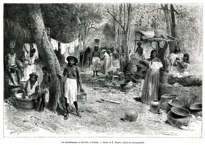 Les blanchisseuses au Chorillo, Panama, gravering efter en tegning af E.Bayard, for at illustrere historien Exploration at the isthms of Panama and Darien, af A. Reclus, skibsløjtnant, fra 1876 til 1878, offentliggjort i tour du monde, under ledelse af Emile Antoine Bayard
