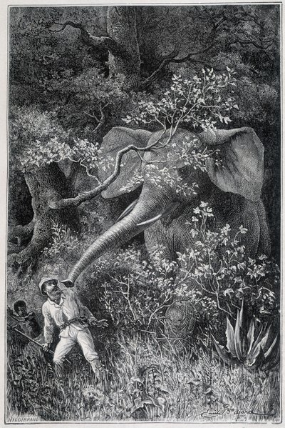 Livingstone overrasket af en elefant i "Le Tour du Monde" af Emile Antoine Bayard