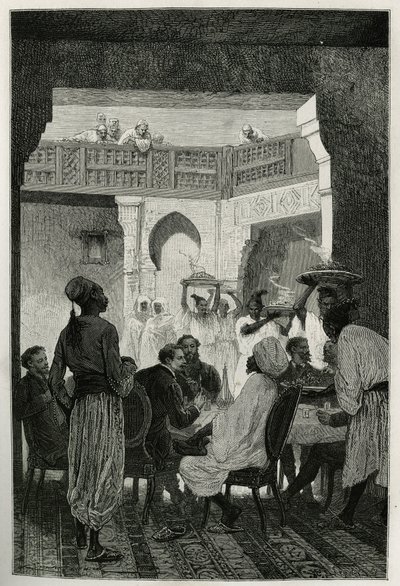 Frokost hos krigsministeren, hovedbeklædning af en turban, vendt mod historiens forfatter, ankommet ved hoffet, en række af tjenere, der bærer måltidets retter, gravering af Emile Bayard, for at illustrere historien om Marokko af Edmondo de Amicis , i 1875 af Emile Antoine Bayard