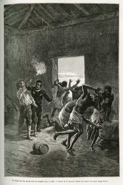 Major Serpa Pinto skød mod landsbyhøvdingen eller stoppede, fordi han krævede endnu mere brændevin i bytte for sin gæstfrihed. Gravering af Emile Bayard, for at illustrere historien om, hvordan jeg har krydset Afrika, fra Atlanterhavet til Det Indiske Ocea af Emile Antoine Bayard