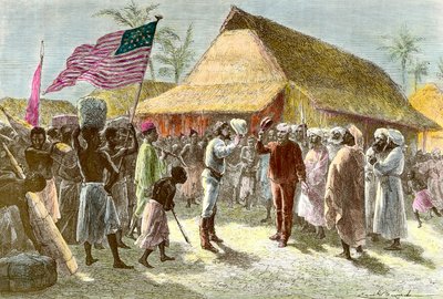 Mødes i Ujiji ved Tanganyika-søens bredder mellem Henry Morton, en eksploderende og journalist fra Wales (1841-1904) og David Livingstone, en skotsk missionær opdagelsesrejsende på det afrikanske kontinent (1813-1873), den 10. november af Emile Antoine Bayard