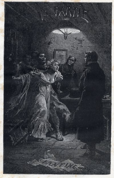 Monsieur Madeleine kommer Fantine til undsætning på tidspunktet for hans arrestation af Javert - Illustration af Emile Bayard (1837-1891) til "" Les miserables - Premiere partie: Fantine" af Victor Hugo (1802-1885) 1862 af Emile Antoine Bayard