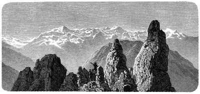 Bjergtopmøde kaldet Pierre a Voir nær de saksiske bade i Valais, schweiziske alper. Illustration af Emile Bayard til Albert Dupaignes bog "Les Montagnes", udgave Mame 1881. af Emile Antoine Bayard