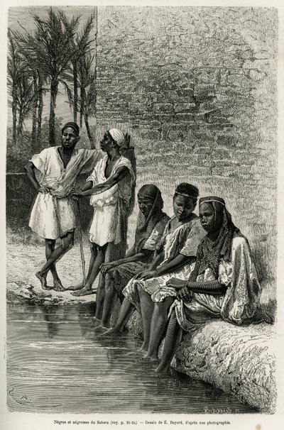 Negres og negres af Sahara, ved bredden af Oued Rihr. Indgravering af E.Bayard, for at illustrere det algeriske Sahara, af V.Largeau, i 1874-1878, udgivet i Tour du monde, under ledelse af Edouard Charton (1807-1890) af Emile Antoine Bayard