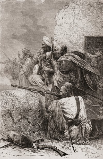 Nordafghanske oprørere kæmper mod briterne i bjergene i Hazara, Pakistan, under britisk styre, 1878 af Emile Antoine Bayard