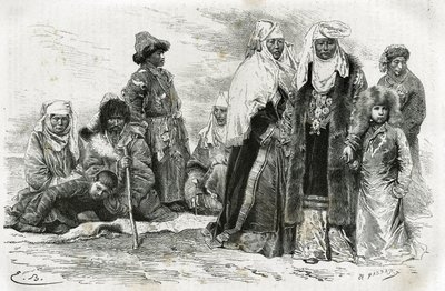 Fattige og rige kirgisiske kvinder. Gravering af Emile Bayard, for at illustrere rejseindtryk fra Orenburg til Samarkand, af Marie de Ujfalvy-Bourdon, mellem 1876 og 1878, i Tour du monde, instrueret af Edouard Charton af Emile Antoine Bayard
