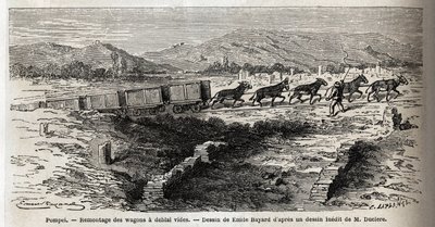 Gensamling af tomme vogne under udgravningerne i 1864 i Pompei, tegning af Emile Bayard (1837-1891), for at illustrere Marc Monniers tekst (1829-1885) "" Pompei og Pompeierne"". Indgravering i "" Le tour du monde"", redigeret af Edouard Charton af Emile Antoine Bayard