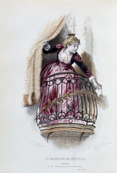 Rosine i "Barberen fra Sevilla" af Pierre Augustin Caron de Beaumarchais (1732-1799), tegninger af Emile Bayard (1837-1891) af Emile Antoine Bayard