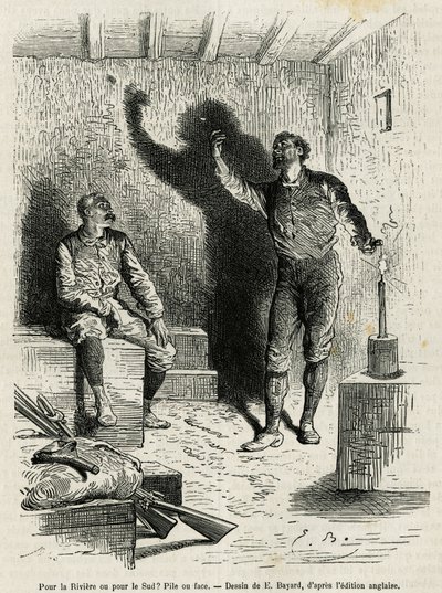Sir Henri Morton Stanley (1841-1904) og Franck Pock, hans udforskningskammerat, besluttede en bunke eller ansigt af rejseplanen for deres rejse, tegnet af Emile Bayard, for at illustrere historien "Gennem det mystiske kontinent"" (Ækvatorial Afrika), en re af Emile Antoine Bayard