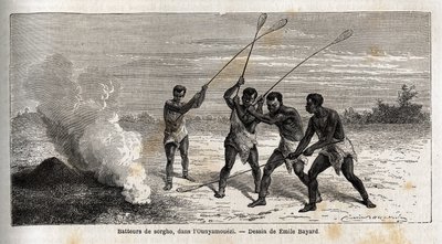 Sorghum trommeslagere, i ounyamoezi (De Store Søers region, Afrika), tegning af Emile Bayard (1837-1891), der illustrerer kaptajn Spekes opdagelsesrejse i Afrika fra 1860 til 1863. Indgravering i "" Le tour du monde"", redigeret af Edouard Charton af Emile Antoine Bayard