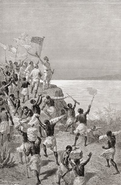 Stanley og hans ekspeditions første observation af Tanganyika, Østafrika, i 1872, illustration fra 
