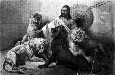 Kejseren (ras) Theodoros af Abessinien omgivet af sine løver. stik fra halvdelen af 1800-tallet. Illustration af Emile Bayard. af Emile Antoine Bayard
