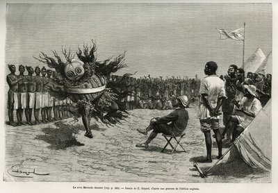 Sova Mavanda (konge), omgivet af sine mænd, der psalmererer en monoton sang, dansende foran majoren. Gravering af Emile Bayard, for at illustrere historien om, hvordan jeg har krydset Afrika, fra Atlanterhavet til Det Indiske Ocean, af major Serpa Pinto, af Emile Antoine Bayard