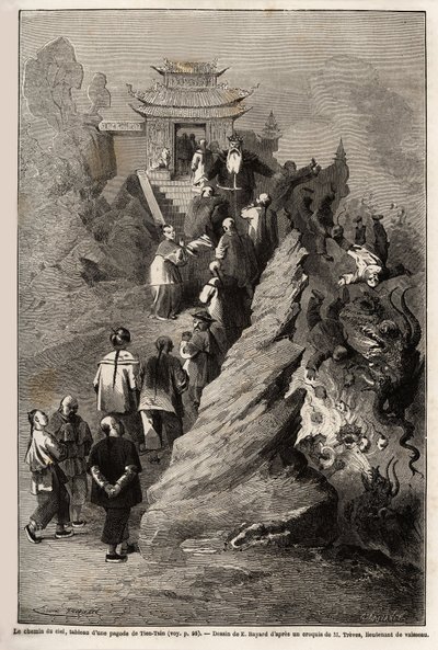 The Way of Heaven, tegning af E.Bayard, baseret på et maleri fra en pagode til Tien Tsin, der illustrerer rejsen fra Shanghai til Moskva, fra 1859 til 1862, af M.de Bourboulon, Frankrigs minister i Kina. Indgravering i "" Le tour du monde"", redigeret af E af Emile Antoine Bayard