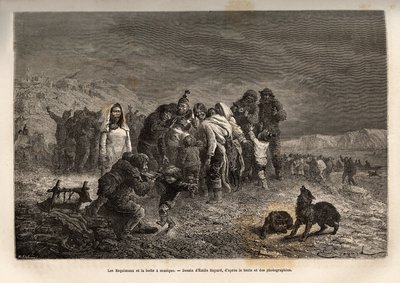 Eskimalernes forbløffelse, der opdagede spilledåserne i nærheden af Friedrichsthal (Grønland), indgraveret efter tegningen af Emile Bayard, der illustrerer skibene La Germania og La Hansas rejse til Nordpolen i 1869-1870 af kaptajn He af Emile Antoine Bayard