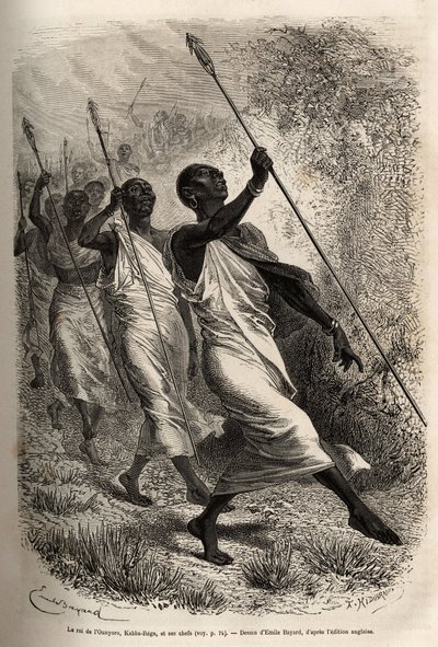 Ankomsten af Kabba Rega, kongen af Ounyoro (det østlige Sudan) og høvdingerne for hans hof, til Sir Bakers lejr for et officielt besøg, indgraveret efter en tegning af Emile Bayard, der illustrerer en ekspedition i Centralafrika, til undertrykkelse af sort af Emile Antoine Bayard