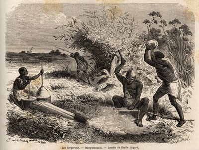 Smedene i ounyamoezi (De Store Søers region, Afrika), tegning af Emile Bayard (1837-1891), der illustrerer kaptajn Spekes opdagelsesrejse i Afrika fra 1860 til 1863. Indgravering i "" Le tour du monde"", redigeret af Edouard Charton af Emile Antoine Bayard