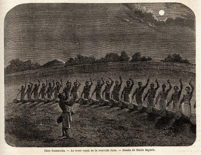 Trommerceremonien for nymånens opgang, i spidsen for stammen Rumanika, i Karague (vest for Victoria-søen, i det nuværende Zimbabwe), tegning af Emile Bayard (1837-1891), der illustrerer kaptajn Spekes rejse opdagelse i Afrika fra 186 af Emile Antoine Bayard
