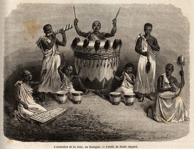 Hoforkestret, i Karague (vest for Victoria-søen, det nuværende Zimbabwe), tegning af Emile Bayard (1837-1891), der illustrerer kaptajn Spekes opdagelsesrejse i Afrika fra 1860 til 1863. Indgravering i "" Le tour du monde ””, redigeret af Edouard Char af Emile Antoine Bayard