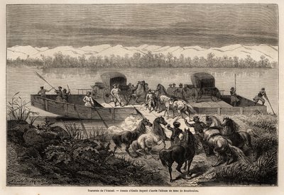 Krydsningen af Yenissei-floden (Rusland), tegning af Emile Bayard (1837-1891) for at illustrere rejsen fra Shanghai til Moskva, fra 1859 til 1862, af M. de Bourboulon, Frankrigs minister til Kina. Indgravering i "" Le tour du monde"", redigeret af Edouard  af Emile Antoine Bayard