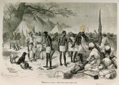 Ekspeditionens uforskammede bærere sat i kæden, tegnet af Emile Bayard, for at illustrere historien: På tværs af Afrika, fra Zanzibar (Tanzania) til Benguela (Angola), fra 1872 til 1876, af løjtnant V.H.Cameron. Indgravering i Le tour du monde af Emile Antoine Bayard