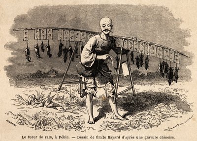 Rottemorderen i Pekin. Tegning af Emile Bayard (1837-1891), til illustration af Shanghais rejse til Moskva, fra 1859 til 1862, af M. de Bourboulon, Frankrigs minister til Kina. Indgravering i "" Le tour du monde"", redigeret af Edouard Charton af Emile Antoine Bayard