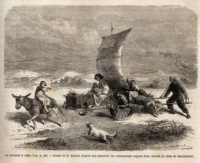 Sejltrillebøren, bevægelsessystem brugt i det nordlige Kina, tegning af E.Bayard, der illustrerer rejsen fra Shanghai til Moskva af Emile Antoine Bayard