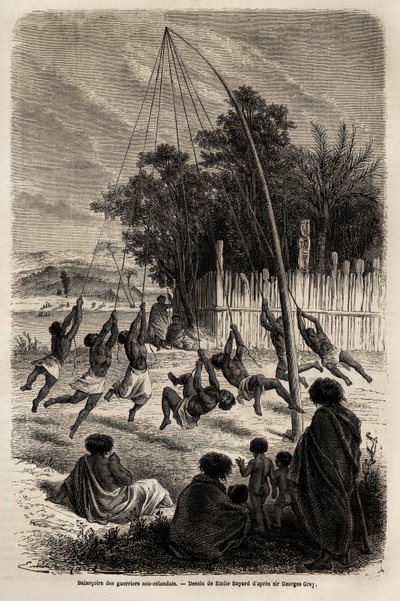 Swingen af neo-zelandanske krigere i Isthmus of Auckland, tegning af Emile Bayard (1837-1891), for at illustrere Ferdinand de Hochstetters rejse til New Zealand fra 1858 til 1860. Indgravering i "" Le tour du monde"", redigeret af Edouard Charton af Emile Antoine Bayard