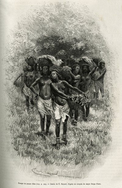 En flok unge piger, der bærer kurve fyldt med mad til forsyning af S.Pinto og hans mænd. Gravering af Emile Bayard, for at illustrere historien om, hvordan jeg har krydset Afrika, fra Atlanterhavet til Det Indiske Ocean, af major Serpa Pinto, i 1877-1878,  af Emile Antoine Bayard