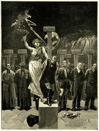 Victor Hugo, Les Chatiments, illustration af Emile Bayard. "" Det ville være en fejl at tro, at disse ting/vil ende med sange og apoteoser""". Det siges, at denne evocation af fremtiden forårsagede frygten for Napoleon 3. af Emile Antoine Bayard