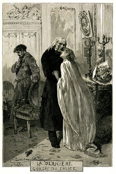 Victor Hugo "The Miserables", "The Last Gorgee of the Chalice". Illustration af Emile Bayard. Den tidligere forkat Jean Valjean blev gammel med Cosette og Marius. Indgravering af udgaven Ollendorff 1906. af Emile Antoine Bayard