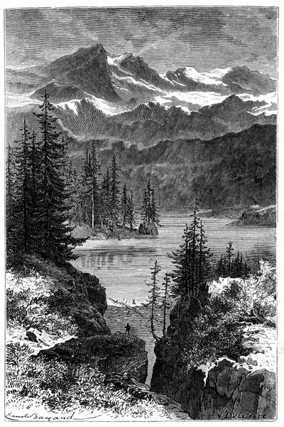 Udsigt over Alperne: skov, sø, tinder. Illustration af Emile Bayard til bogen Les Montagnes d