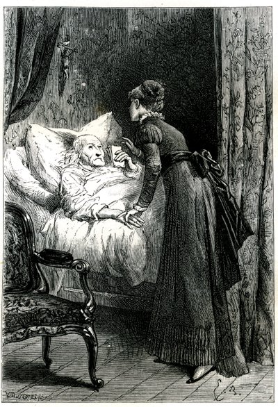 Ung kvinde tager sig af en gammel mand, der dør i sin seng under et krucifiks, der hænger fra væggen. Den døende mand holder sine sidste anbefalinger (vilje) i hånden. Gravering af Emile Bayard, der illustrerer Jules Sandeaus bog "Mademoiselle de la Seigli af Emile Antoine Bayard