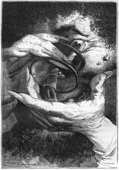 illustration af Jules Vernes roman "" Around the Moon"", tegning af Emile Bayard, Hetzel edition/Voyages extraordinaire 1870. Astronaut Michel Ardan forestiller sig, at han bliver observeret af en kæmpe gennem et forstørrelsesglas (reference til Swift
