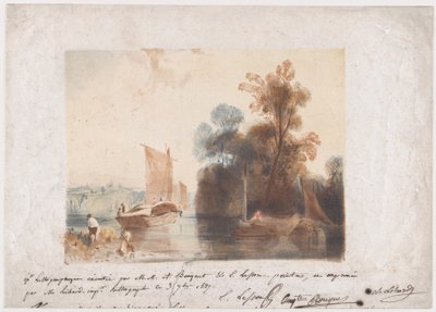 Landskab med flod og både, 1837 af Emile Aubert Lessore