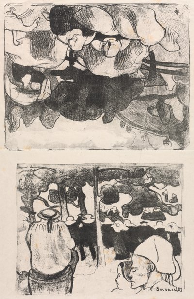 Les Bretonneries: Bretonske kvinder laver høstakke (Bretonnes Faisant les Foins) og bryllup i Bretagne (La Noce en Bretange) af Emile Bernard