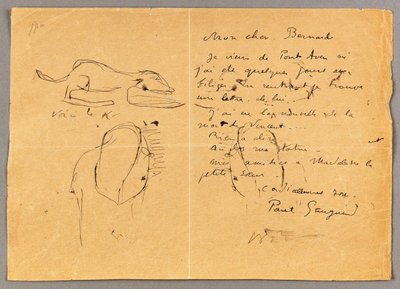 Brev til Emile Bernard med tre blækskitser, der noterer "Vincents død", Tahiti, 1890
