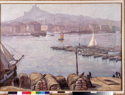 Den gamle havn i Marseille og Notre Dame de la Garde (Notre-Dame-de-la-Garde), også kaldet den gode moder”” Maleri af Emile Bernard (1868-1941) 1929 Dim. 77,5x107 cm Obligatorisk omtale: Samlingsgrundlag hilsen Provence, Marseille af Emile Bernard